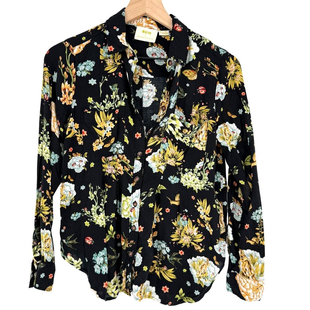 Anthropologie Maeve Blouse Floral Snail Bunny Cottagecore Botanical Button Top 4